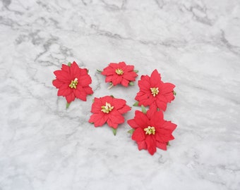 5 pcs, 4 cm paper flathead poinsettias, dark red  paper Christmas rose with thread stem, die cuts paper flowers