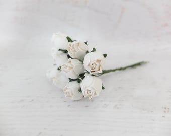 10, 1.5 cm white rose buds with wire stems