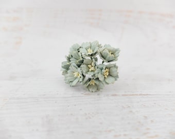 10 20mm succulent green paper cherry blossoms, 2 cm cool sage green paper flowers with wire stems