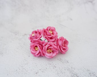 5, 35mm hot pink mulberry paper flowers, 4 cm paper poppies with wire stems