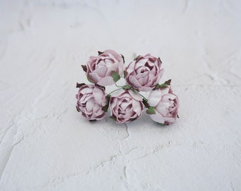 5 30mm pale lilac paper ranunculus, 3 cm paper flowers with wire stems