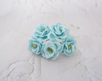 5, 35mm aqua blue mulberry paper flowers, 3.5 cm paper poppies with wire stems