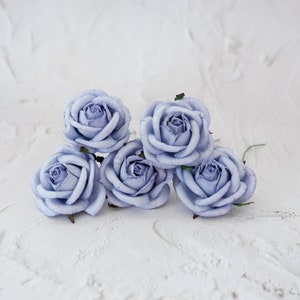 5 50mm/2 inches lavender roses, 5 cm purple paper flowers with wire stems