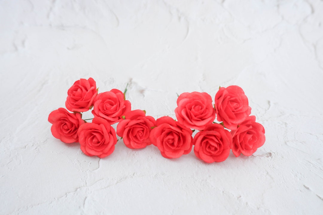 10 35mm Paper Fireball Light Red Roses With Wire Stem, 3.5 Round Design ...