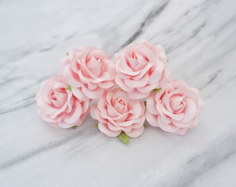 5 pc, 6 cm light pink paper roses with wire stems, 60mm paper roses