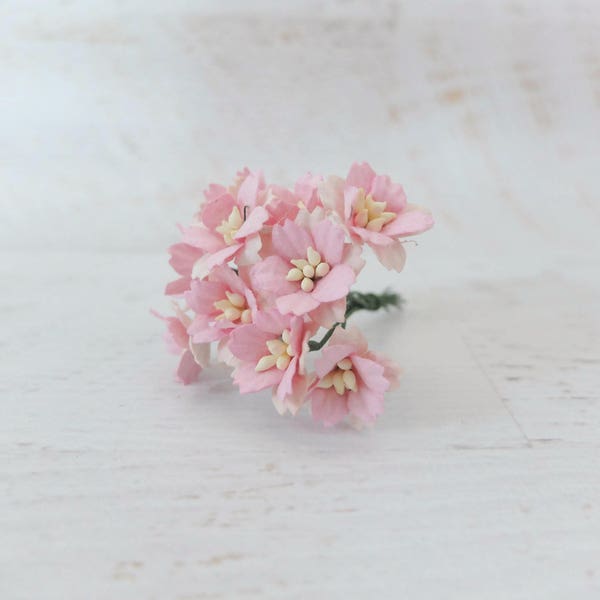 10 20mm two tones light pink  paper cherry blossoms with wire stems, 2 cm pink paper flowers