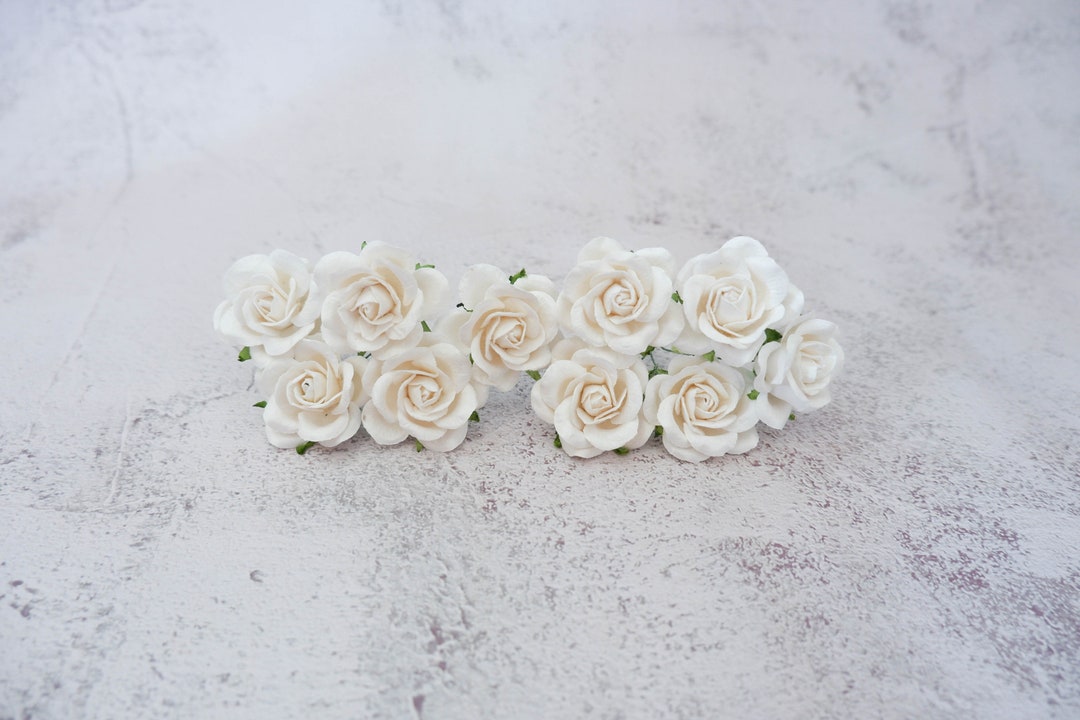 10 35mm Paper Soft White Roses With Wire Stem, 3.5 Cm Round Design B - Etsy