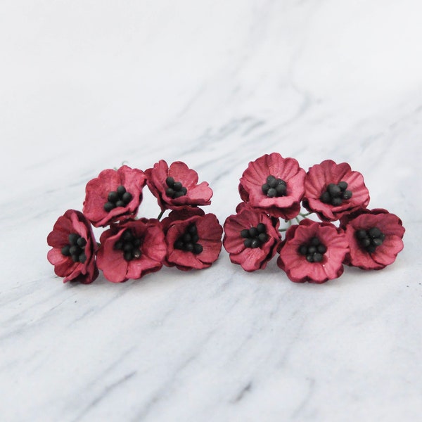 10 2 cm burgundy  paper poppies, 20mm paper flowers, burgundy flowers