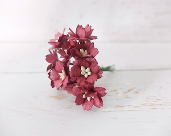 10 20mm burgundy paper cherry blossoms, 2 cm paper flowers with wire stems