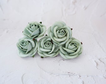 5 roses, 2" sage green paper roses, 5 cm paper flowers, 50mm paper roses