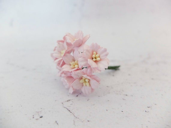 10 20mm baby pink paper cherry blossoms, light pink paper flowers with wire stems