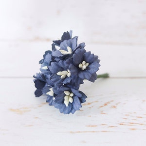 10 20mm navy blue paper cherry blossoms, 2 cm paper flowers with wire stems