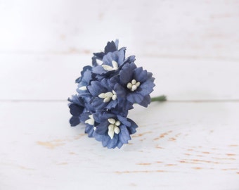 10 20mm navy blue paper cherry blossoms, 2 cm paper flowers with wire stems