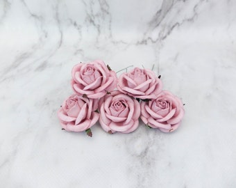 Dusty pink paper roses, 5 50mm/2 inches pink roses - 5 cm roses with wire stems