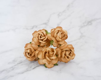 5 40mm paper honeygold ore peonies with wire stems, 4 cm paper flowers