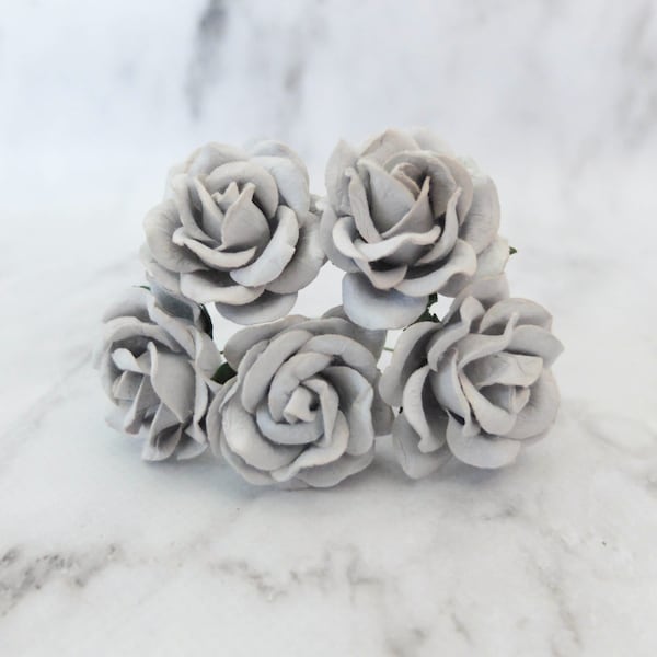 5 pcs, 35mm paper light grey rose with wire stem, round