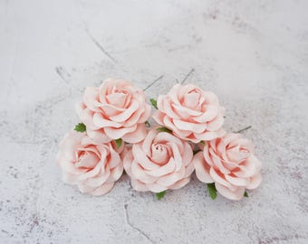5 Light Pink Mulberry Paper Roses - 6cm Craft Flowers