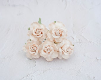 5 40mm paper pale champagne blush peonies with wire stems, 4 cm paper flowers