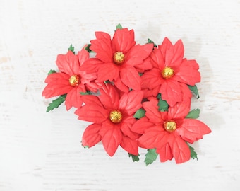 Large red paper flat poinsettias, 5 pcs 60mm red  paper Christmas rose with wire stem glitter gold center, red paper flowers