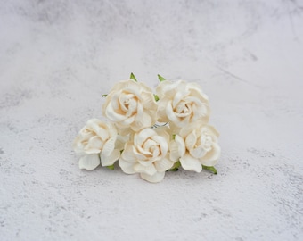 5 40mm paper cream peonies with wire stems, 4 cm paper flowers