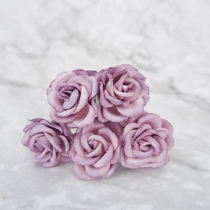 5 pezzi, rosa viola polvere di carta da 35 mm con gambo in filo metallico, rotondo da 35 mm