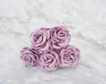 5 pcs, 35mm paper dusty purple rose with wire stem, 35mm round