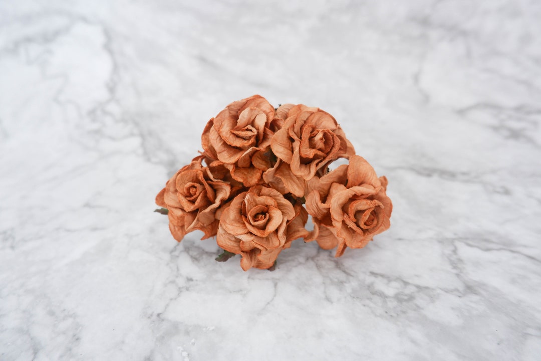 5 40mm Orangy Cocao Brown Paper Roses, 4 Cm Paper Rose With Wire Stems ...