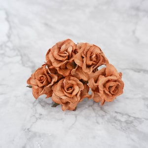5 40mm orangy cocao brown paper roses, 4 cm paper rose with wire stems