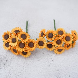 20 tournesols en papier de 20 mm avec tiges métalliques, tournesols en papier de 2 cm