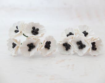 White Paper Poppies (20mm): Mulberry Paper Flowers, Scrapbooking Decor - 10 Pcs