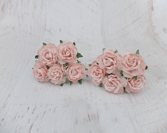 10, 1" light blush paper roses with wire stems - 25mm blush flowers (style 1)