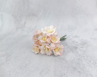 10 20mm light cream pink tip paper cherry blossoms with wire stems, 2 cm pink paper flowers
