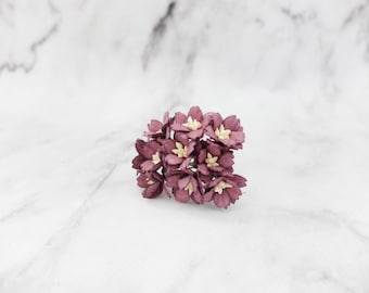 10 20mm plum eggplant purple paper cherry blossoms, 2 cm paper flowers with wire stems