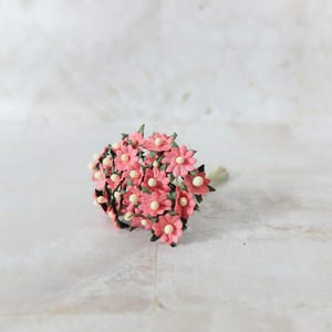 25 10mm mini raspberry pink paper daisies, 1 cm flat paper flowers with wire stems