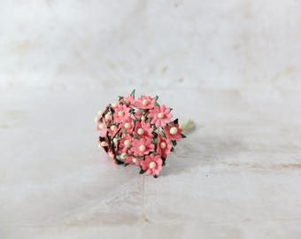 25 10mm mini raspberry pink paper daisies, 1 cm flat paper flowers with wire stems