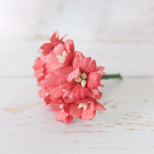 May include: A small bouquet of coral-colored paper flowers with white centers and a green stem. The flowers have multiple layers of petals, creating a full, textured appearance. The background is a light-colored, wooden surface.