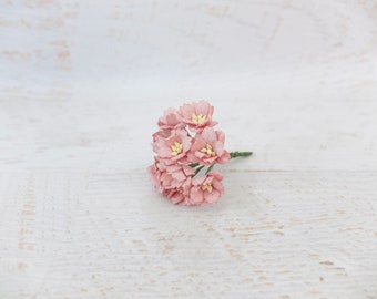 10 20mm red mauve paper cherry blossoms, 2 cm paper flowers with wire stems