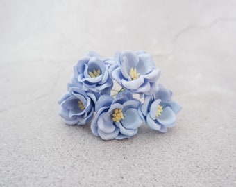 5, 35mm light blue mulberry paper flowers, 4 cm paper poppies with wire stems