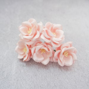 5 fiori di carta di gelso rosa cipria da 35 mm, papaveri di carta da 3,5 cm con steli in filo metallico