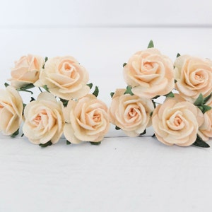 10 rosas de morera color marfil pálido de 25 mm, flores de papel de 1&quot; con tallos de alambre