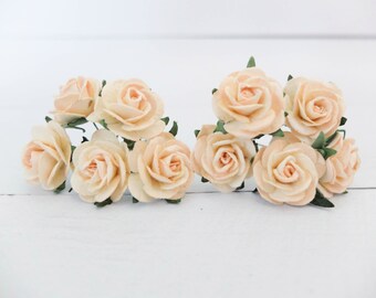 10 25mm ivory pale peach mulberry roses, 1" paper flowers with wire stems