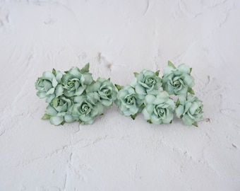 30mm sage green  paper peonies with wire stems, 3 cm paper flowers