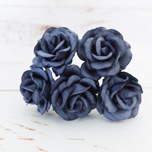 5 35mm navy blue paper roses with wire stem, 3.5 cm paper roses