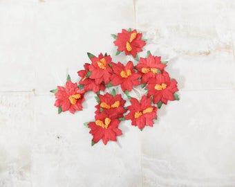 10 pcs, ~ 3 cm paper flathead poinsettias, muted dark red  paper Christmas rose with thread stem, die cuts paper flowers