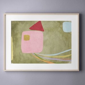 Arte de pared minimalista, casa en rosa, gris, rojo, verde oliva, impresión de arte de guardería, decoración de la habitación del bebé, interior del hogar