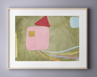 Minimalist Wall Art,  House in Pink Grey Red Olive green, Nursery art print, Baby room decor, Home interior