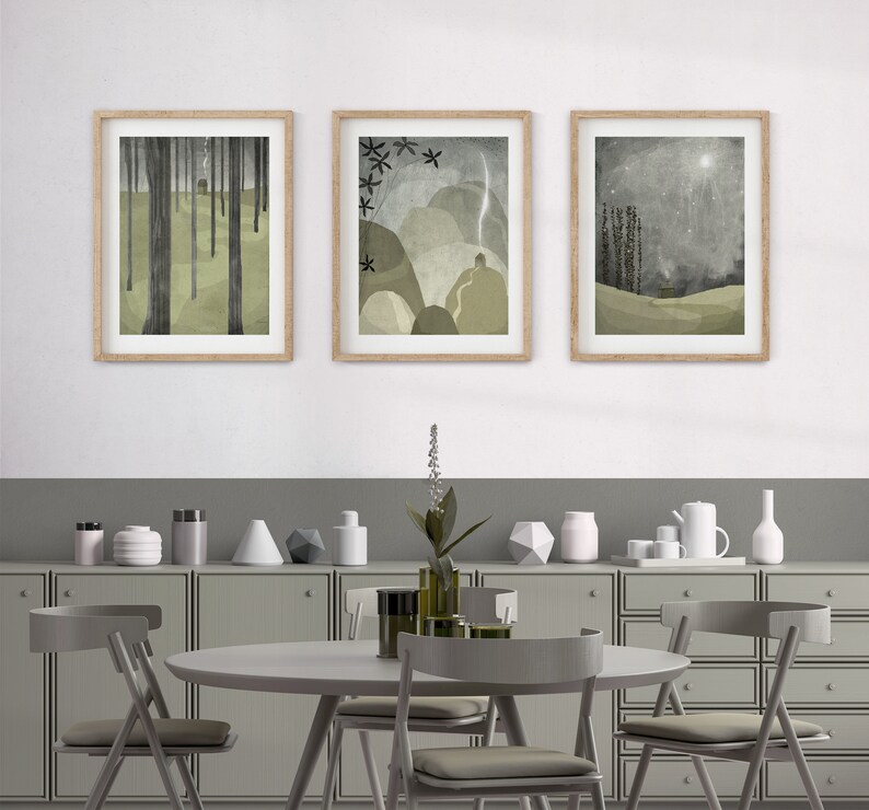 Set of 3 art prints Home Wall Art Decor Illustration Sage and Grey image 3