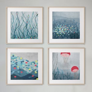 Nautical Art Set of 4 prints Coastal wall decor Abstract illustration Under the sea