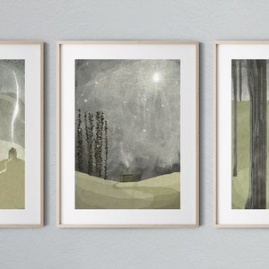 Set of 3 art prints Home Wall Art Decor Illustration Sage and Grey image 1