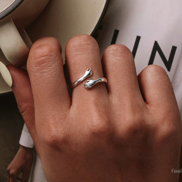925 Sterling Silver Hug Hands Ring | Simple Design Finger Ring for Women | Elegant Silver Jewelry